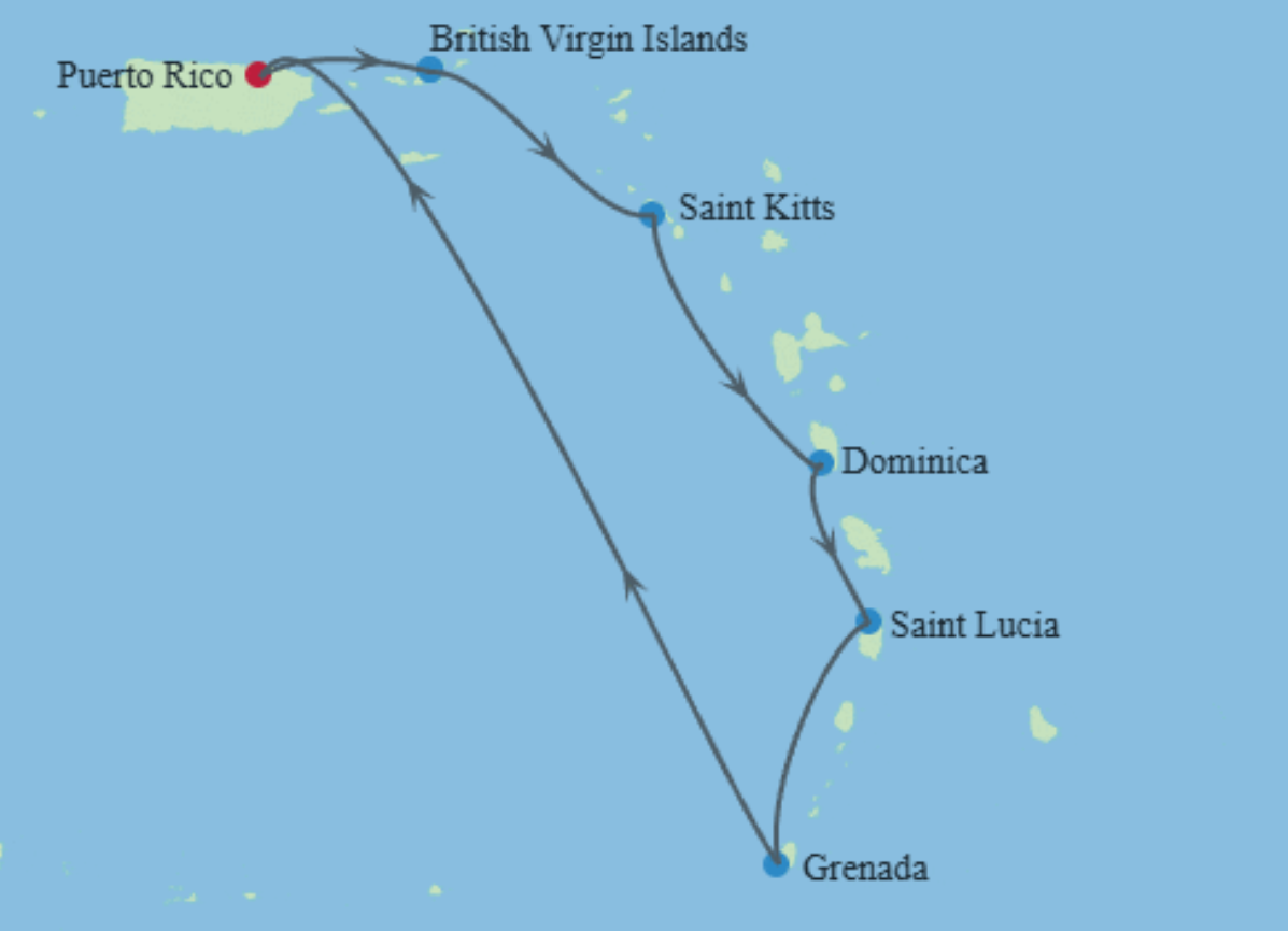 Celebrity Constellation 7-night Southern Caribbean itinerary map from San Juan, with Tortola, St. Kitts, Dominica, St. Lucia, Barbados, St. Maarten, and Antigua